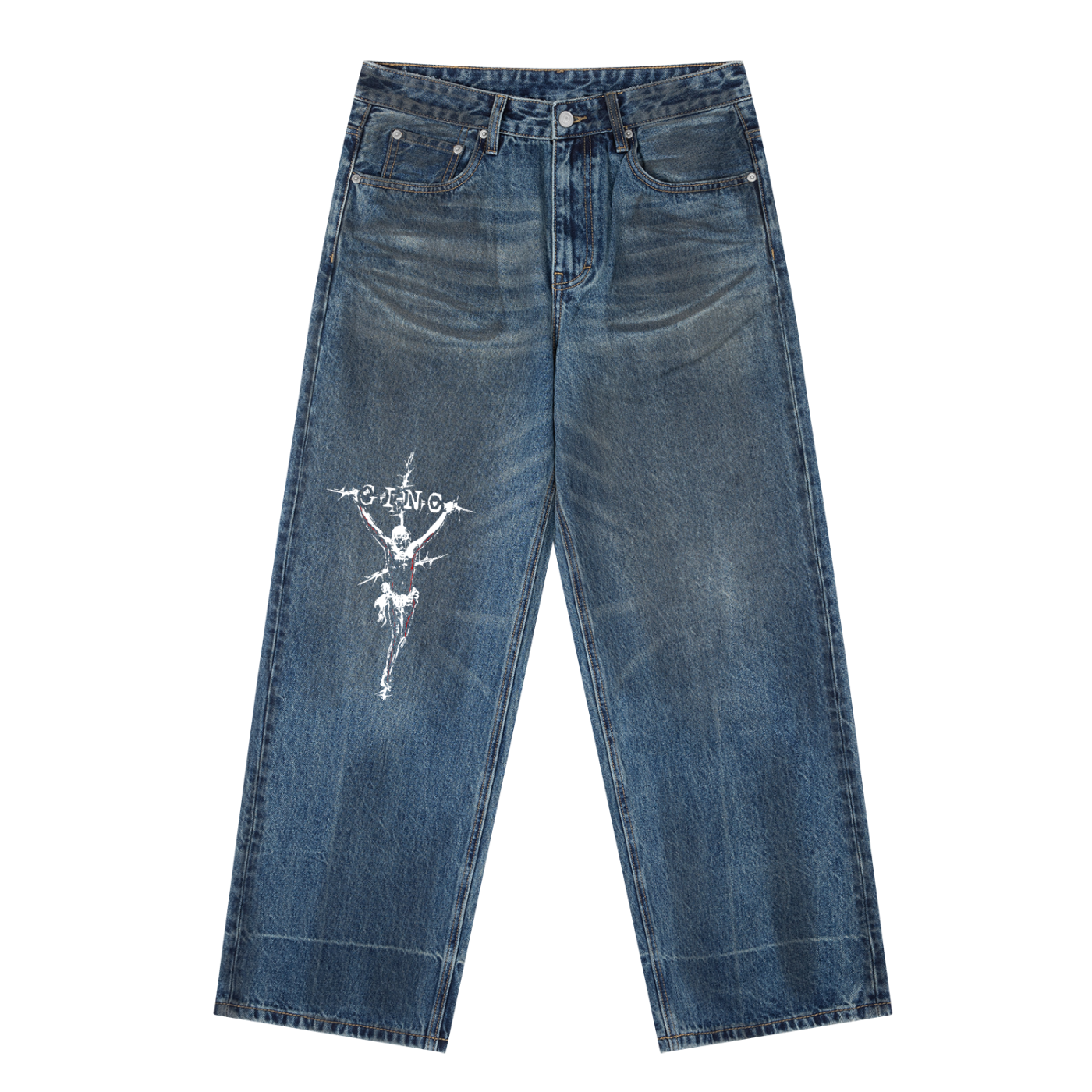 "Crucifix" Vintage Wash Baggy Denim Jeans